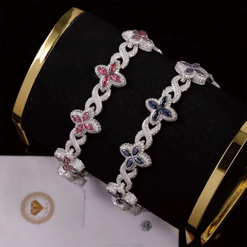 Designer bracelet 12mm Lucky Clover Gold Plated 925 Silver Hip Hop Iced Out VVS Pink Green Blue Diamond Moissanite Bracelet for Gift-image-1111191674
