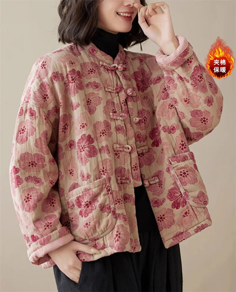 Retro Chinese Style Cotton Linen Floral Jacket Womens National Style Standing Collar Buckle Loose Short Quilted Coat Z3950 260617BJ