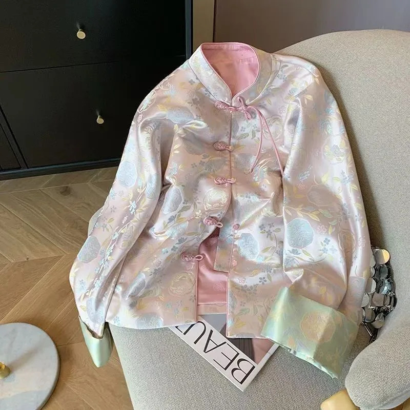 Chinese Style Retro Floral printed Thin Shirts Button Short Jacket Women Spring Elegant Coats Retro Satin Top 2026 260617BJ