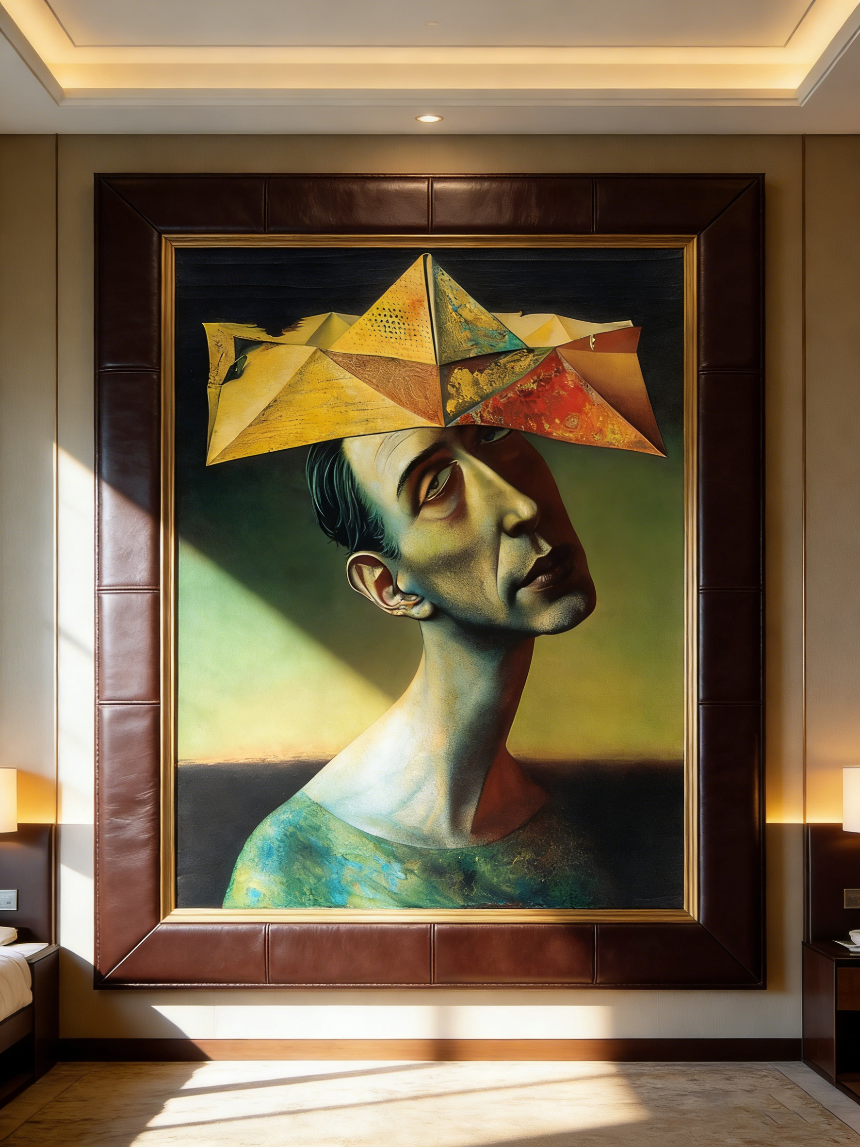 Surrealist Man Portrait Wall Art, Dali-Inspired Geometric Pyramid Hat Canvas Print, Modern Surrealism Frameless Wall Decor for Living Room Office-image-1111134356