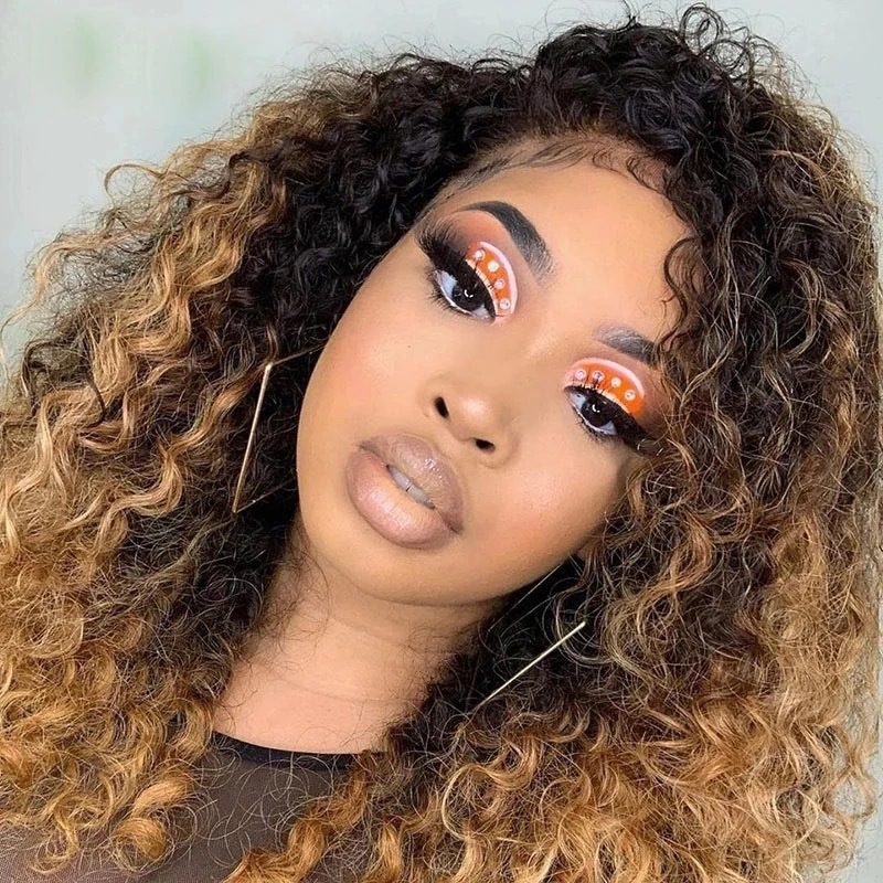2026 Fluffy spring curl lace medium length honey brown highlights natural hairline soft tight curls women's fashion daily wig free shipping