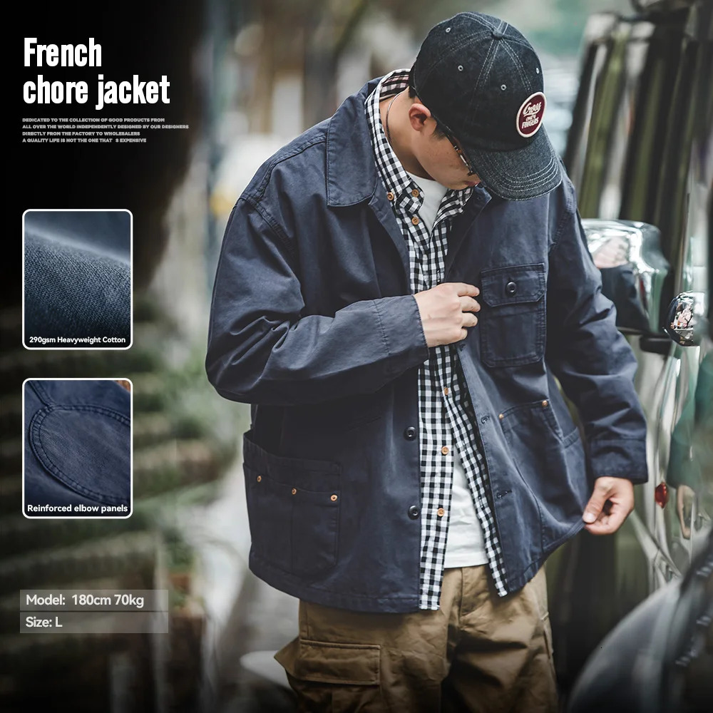 Maden Retro French Jacket Multi-Pocket Lapel Navy Heavyweight Single-breasted Hunting Coat for Mens Spring and Autumn Tops 260617BJ