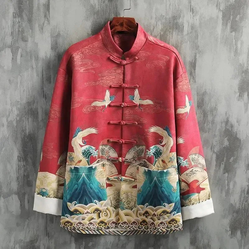 Womens Jacket Outerwears Spring and Autumn Chinese Style Tang Suit Crane Style Stand Collar Buckle Printing Hanfu Jacket Coat 260617BJ