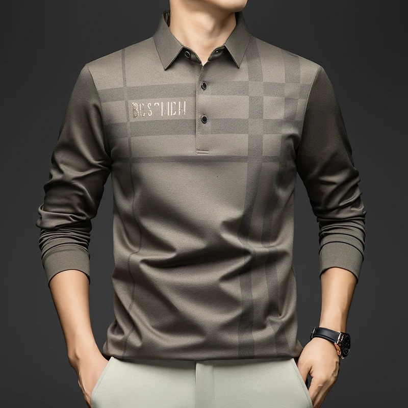 BROWON 2026 Spring Autumn Casual Golf Shirt Polo Man Plaid Pattern Soft Comfortable Long Sleeve Business Office Men 260609BANJIA