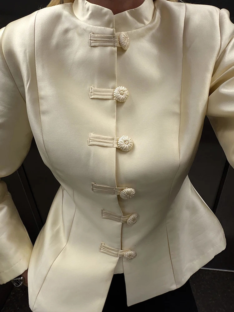 Vintage Womens Satin Jacket Chinese Style Stand Collar Full Sleeve Slim Coat Female 2026 Spring Lady in Outwear 260617BJ
