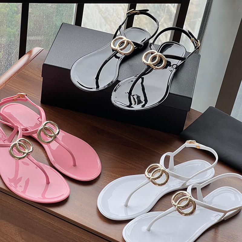 Women Gold Buckle Jelly Flip Flops PVC Thong Sandals Summer Beach Casual Flat Slip On Slippers 1105