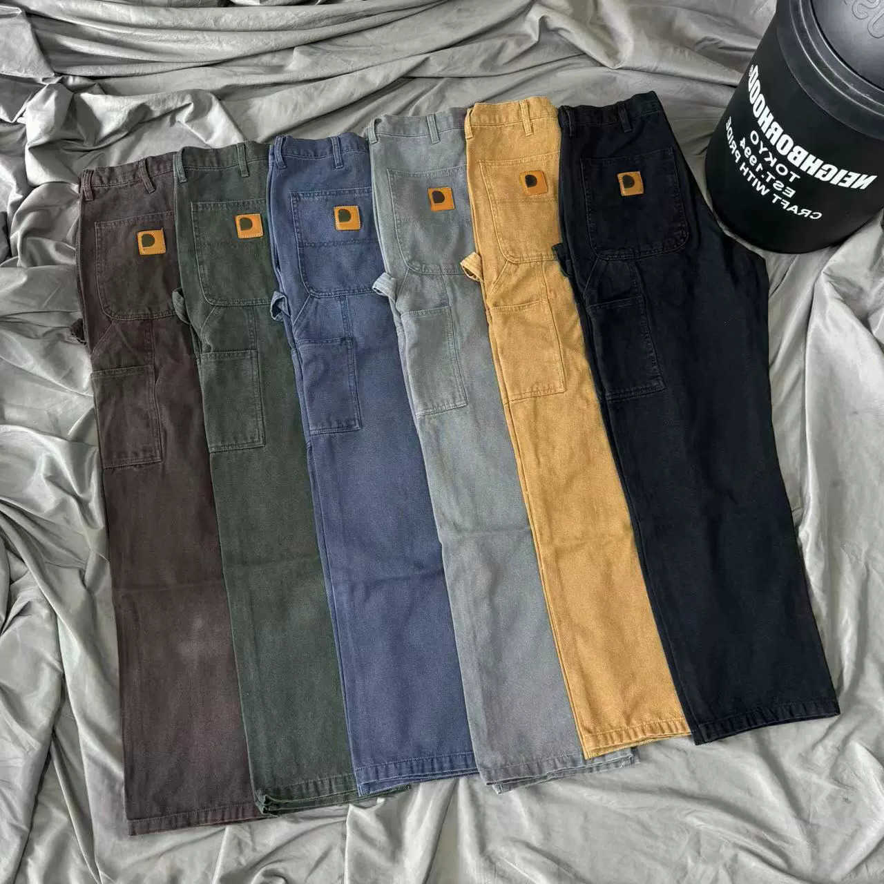 Mens High Street Pants Cleanfit Canvas Workwear Casual Pants Double Knee Logging Washed Loose Fit Straight Leg Trousers