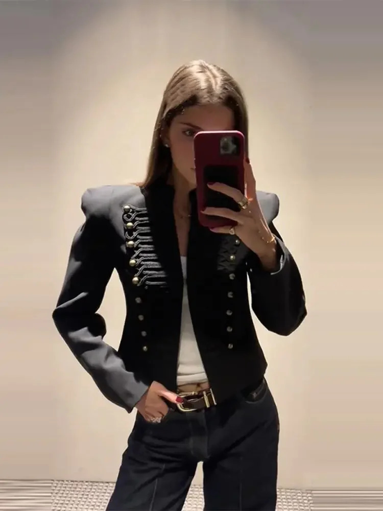 Vintage Chinese Womens Jacket Black Slim Long Sleeve Stand Collar Pad Shoulder Open Stitch Female Cropped Coat 2026 Spring 260617BJ