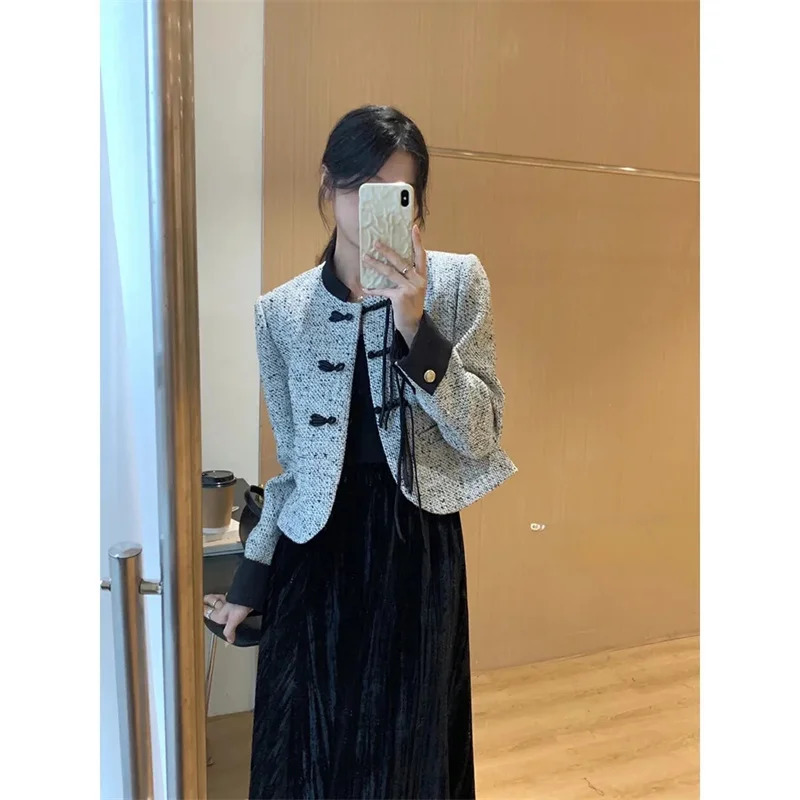 High-End Chinese Style n Contrasting Color Jacket For Women Autumn French Retro Womens Spring Jackets Coffee Black Coat 260617BJ