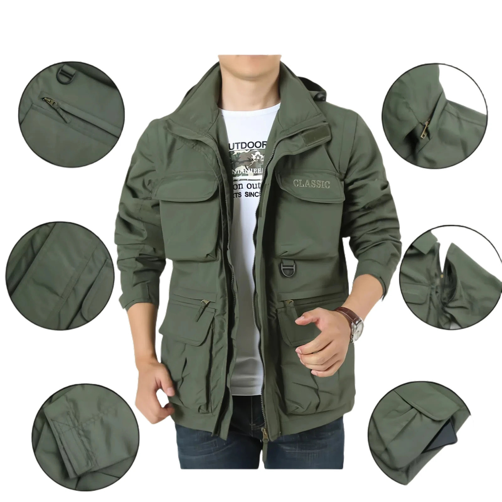 Mens Casual Waterproof Detachable Sleeved Hooded Jacket Multi Bag Cargo Jacket Vest Suitable For Outdoor Activities Work Male 260617BJ