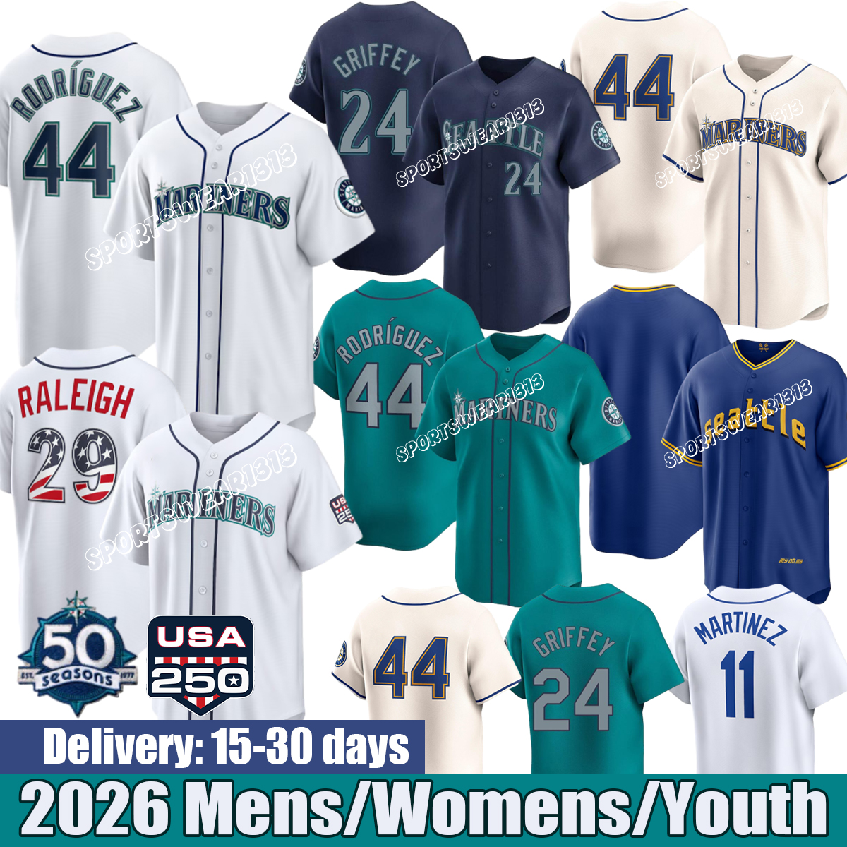 Seattles Mariners Jersey #44 Rodriguez #3 Crawford #17 Haniger #29 Raleigh #20 Raley #56 Arozarena Baseball Jerseys-image-950952514