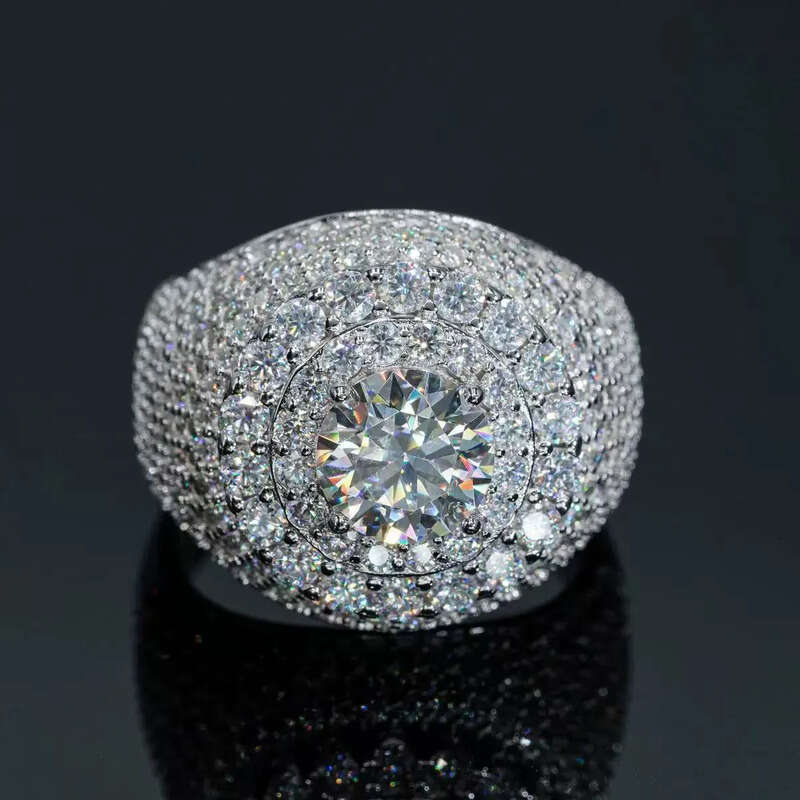 Hip Hop VVS D Color Moissanite Bling Mens Cluster Double Halo Signet Ring With 925 Sterling Silver Pass Diamond Tester GRA A