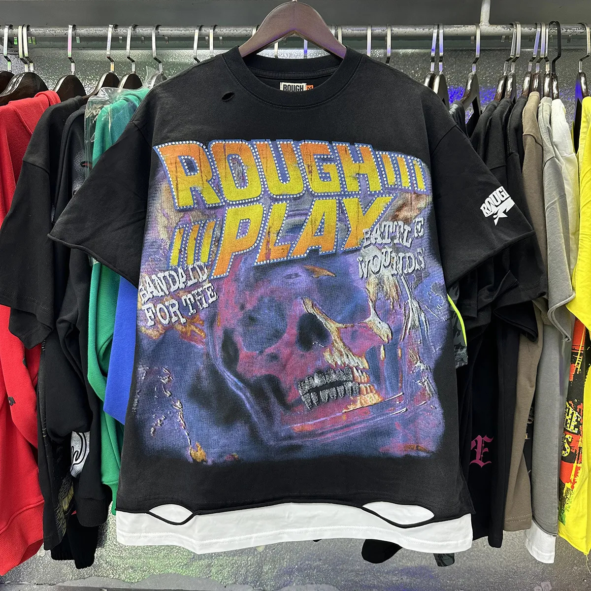 2026 Roughplays Designer T-shirts pour hommes Hipster Washed Fabric Tee Graphic Summer High Street Lettrage Feuille Imprimer Hommes Femmes Mode C