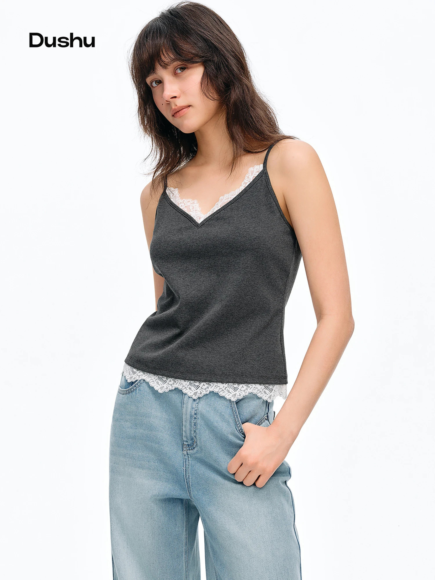 DUSHU 2026 Summer Womens Lace Trim V-Neck Sleeveless Top - Flattering Slim Fit Elegant Camisole for Daily and Summer Layering 260617BJ