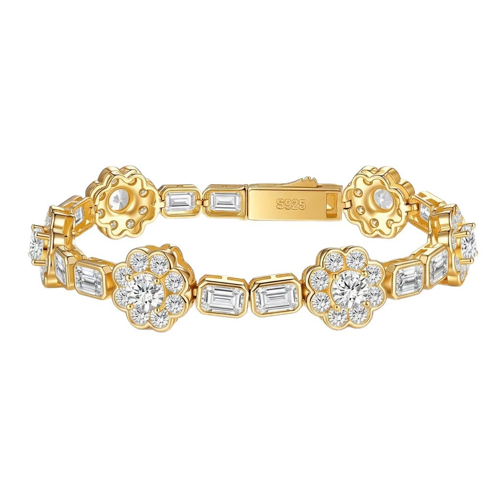 New Fashion Girls Women Luxury Bracelet Yellow White Gold Plated S925 Silver Passed Tester Moissanite Flower Bracelet Chain for Family Friend Nice J