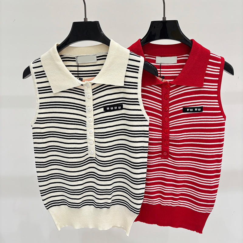 Women Stylish Knitted Tanks College Style Lapel Knits Vest Summer Retro Striped Knit Singlet