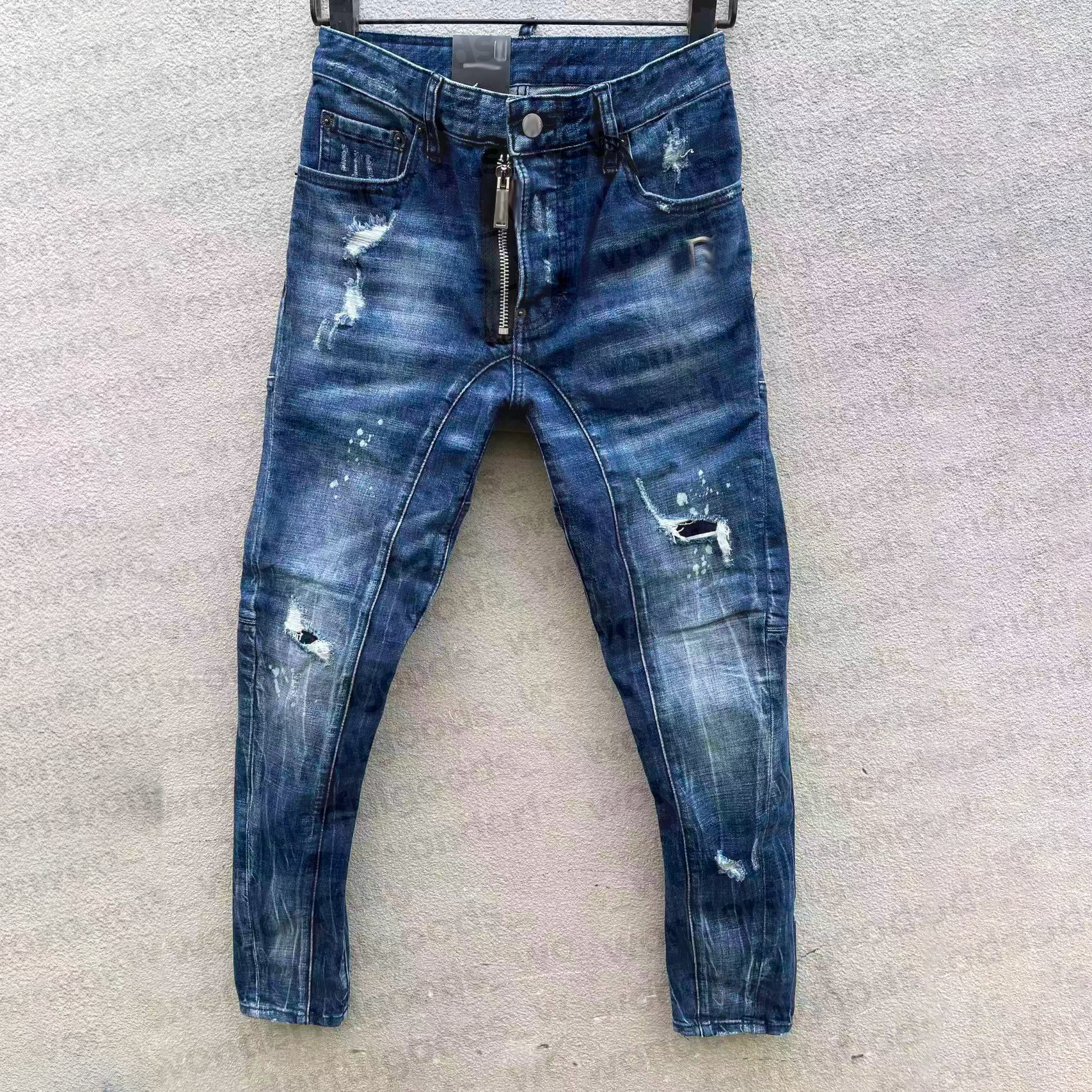 Mens designer jeans blue black ripped pants version skinny broken hip hop style biker jeans-image-546527207