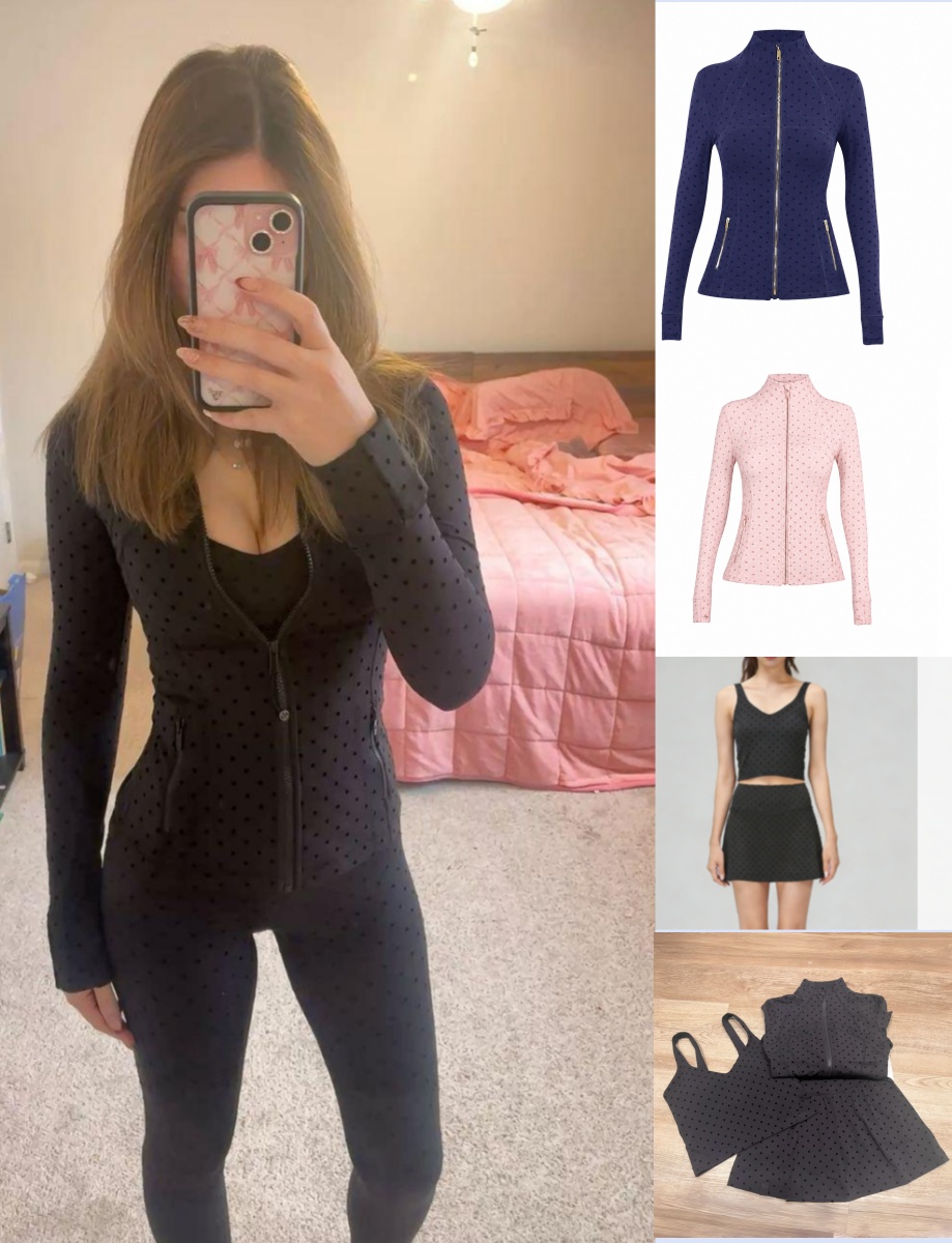 DF dames yoga polka dot set, flock techniek, slim fit jas met kraag en stippen legging, 2-delig, short-rok en bh 3-delig