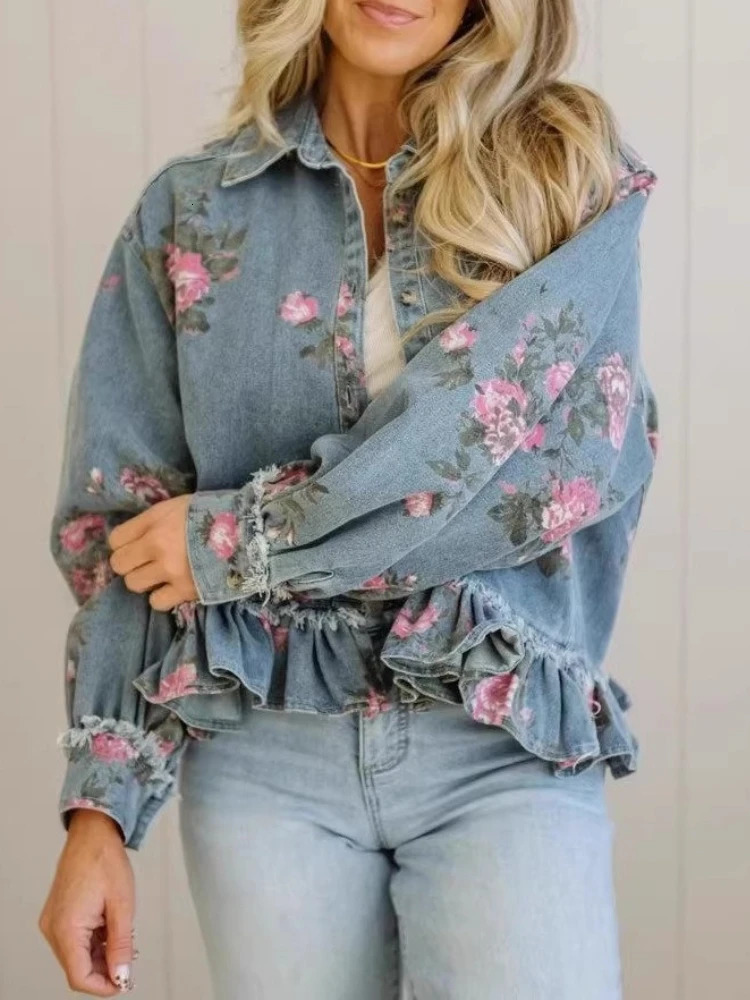 Spring Autumn Vintage Washed Denim Women Jacket Printed Loose Long Sleeves Coat Elegant Fashion Womens Shirt Female Clothing 260617cj