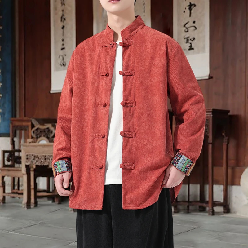 M-XXXXXL Plus Size Mens Chinese Style Plum Blossom Print Corduroy Jacket Stand Collar Frog Buttons Spring Autumn Vintage Coat 260617BJ