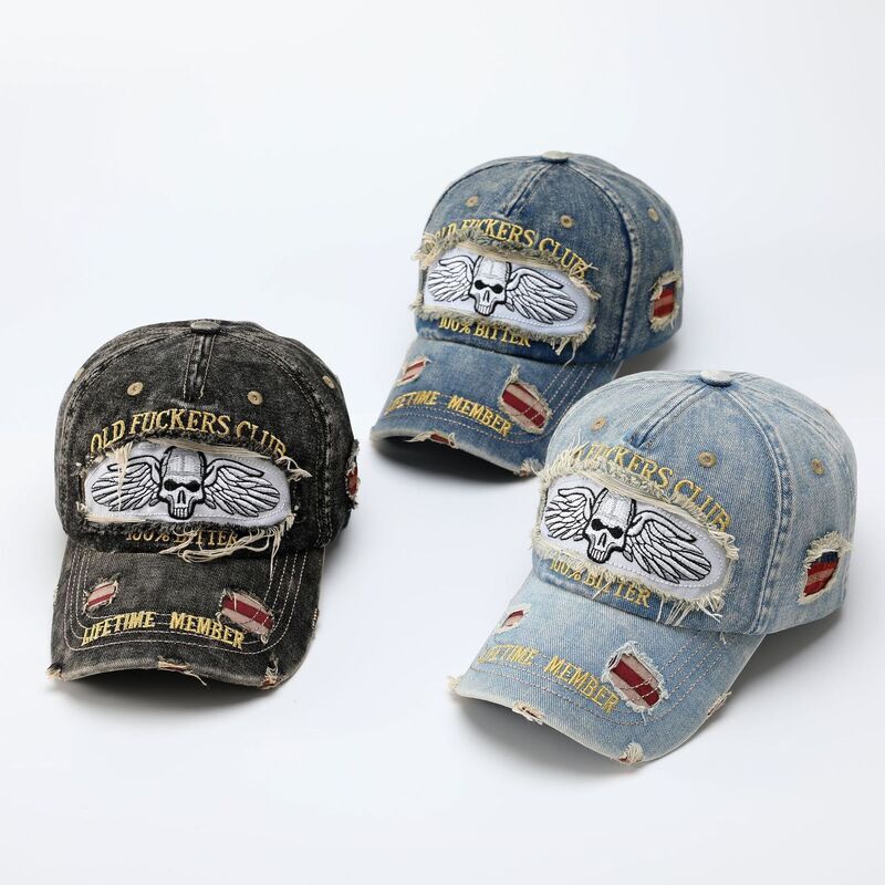 Designer Baseball Cap Men Vintage Washed Distressed Ripped Denim Sun Hat Adjustable Metal Buckle Motorcycle Street Outdoor Headwear