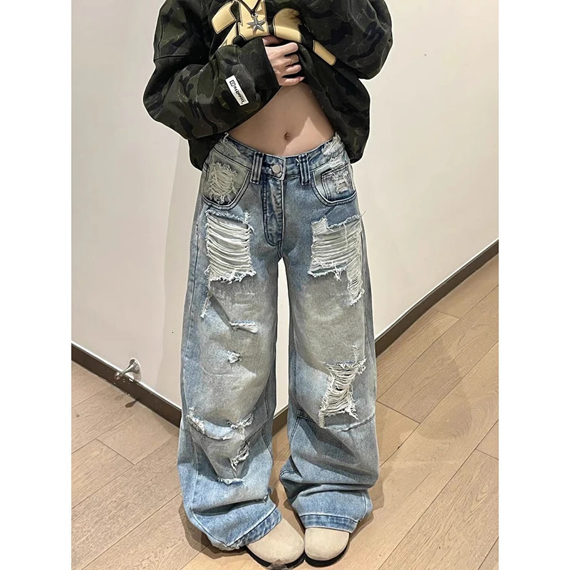 ZHIZOU Women Baggy Jean Ripped Denim Pants American Retro Y2k Hippop ner Wide Fit Cowboy Japanese Harajuku Long Trousers 260611 d1 dd