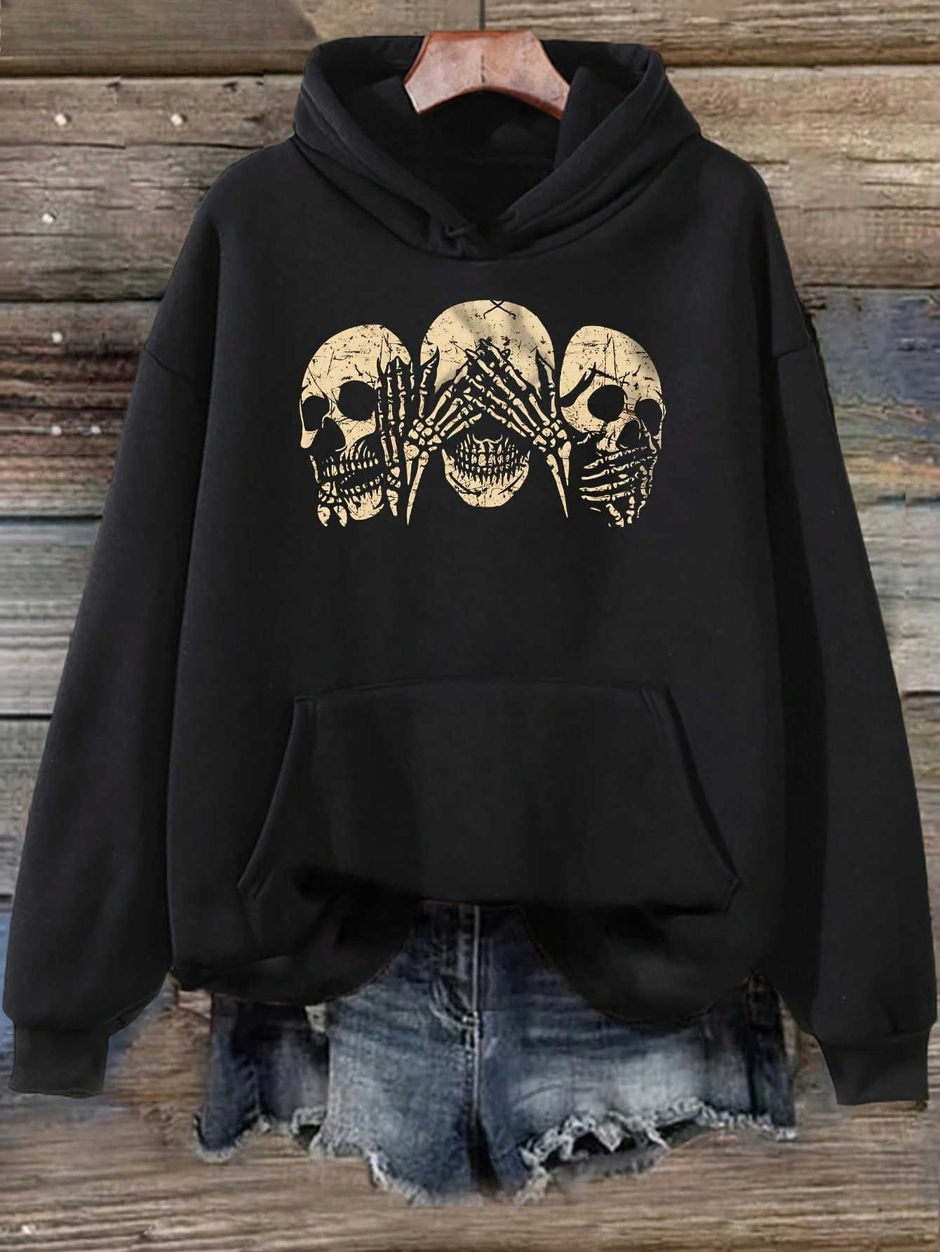 Gothic 2025 Skull Hoodie Cozy Black Gothic Skull Print Hoodie Women Autumn Winter Clothing Hooded Casual Y2k Sweatshirt S260618EGNY