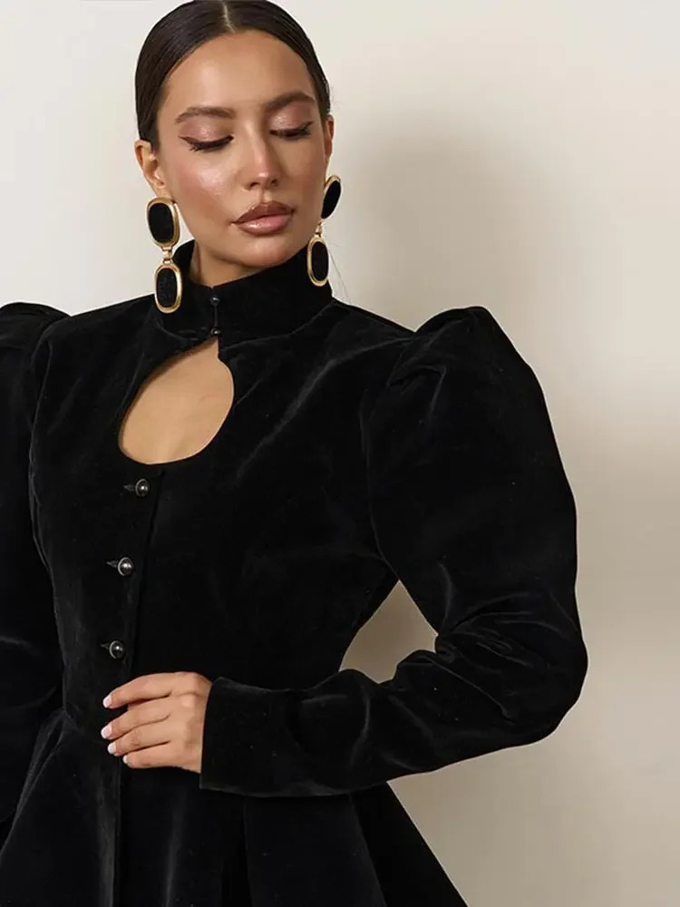 Velvet Womens Jacket Coat Cutout Mandarin Collar Puff Sleeve Blouse Coat Female Button Front Slim Elegant Outerwear Ladies 260617BJ
