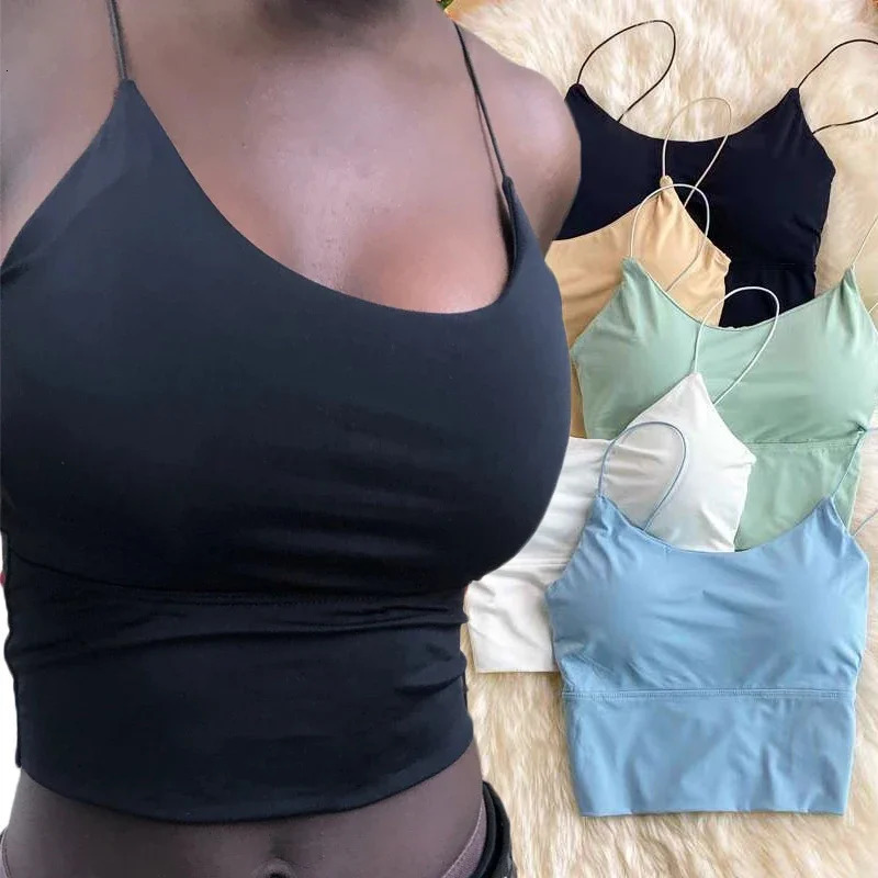 Summer Ice Silk Vest Top Women Sexy Built In Bra Off Shoulder Sleeveless Camisole Underwear Crop Tops Sports Spaghetti Strap 260615