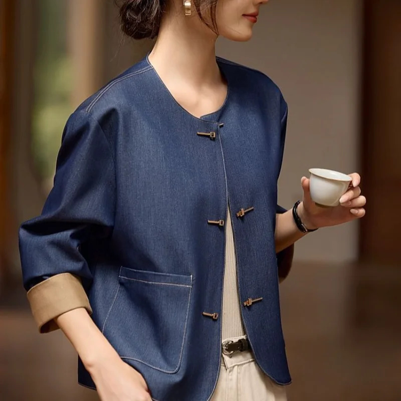 Retro Chinese Style Color Block Jacket Women Round Neck Frog Button Short Coat 260617BJ