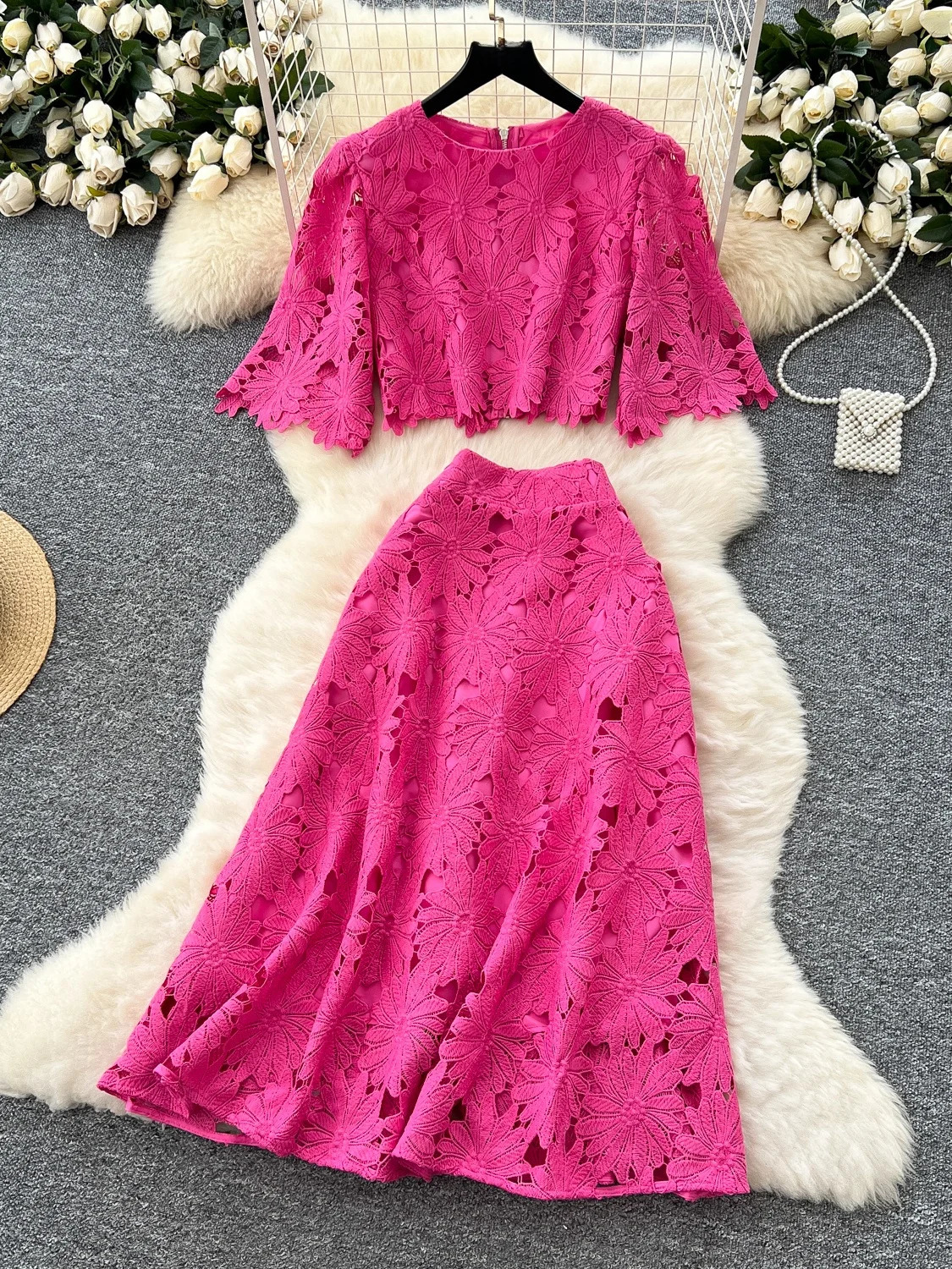 Ele Lace Hollow out Hook Flower ort Sve irt And High Waist Skirt Womens Faion Summer Outfit Two Piece Set 260615