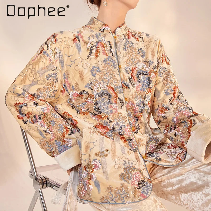 Chinese Retro Temperament Socialite Coat Spring Heavy Industry Sequined Flower Embroidery Stand Collar Loose Coat Women 260617BJ