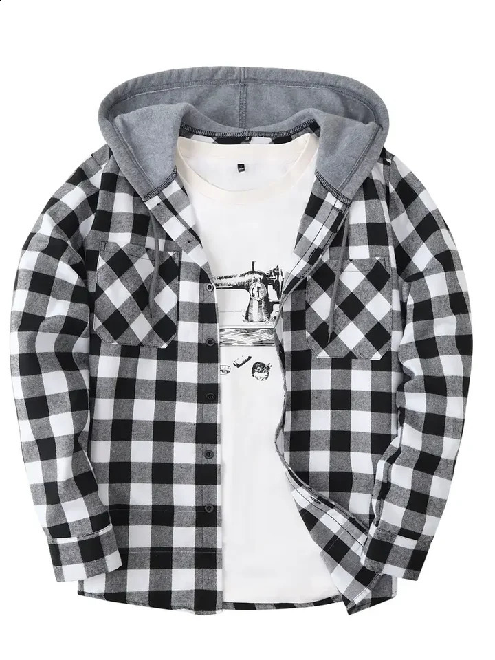 Mens Plaid Flannel Hooded Shirt Long Sleeve Button Down Hoodie Jacket with Chest Pockets Casual Streetwear Tops 260618banjia