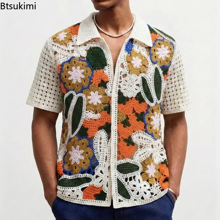 2026 Mens Knitted Hollow Out Polo Shirts Summer Fashion Short Sleeve Cardigans Vintage Ethnic Style Premium Crochet Knit Shirts 260617cj