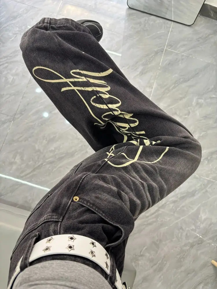 American Fashion Oversized Letter Printing Black Washed Jeans Ladies Y2K Casual Joker Loose Wide-leg Mop Pants 260617cj
