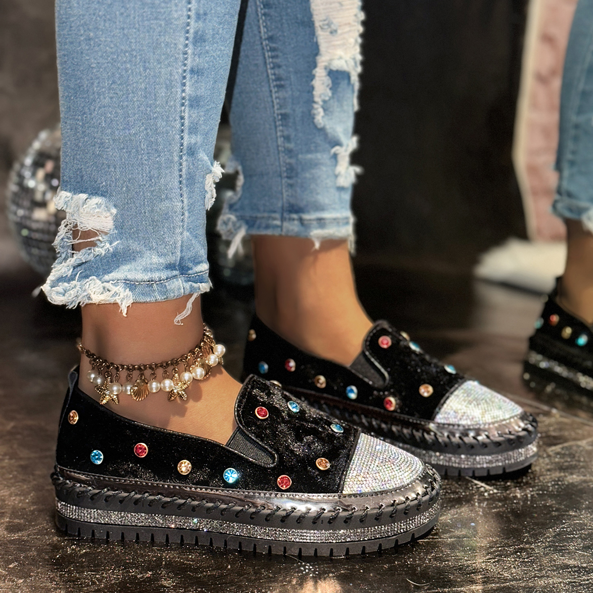 Spring Leather Women's Shoes Fashion Luxury Casual Shoes Designer Platform Shoes Trend Shining Water Diamond loafers Outdoor walking shoes zapa