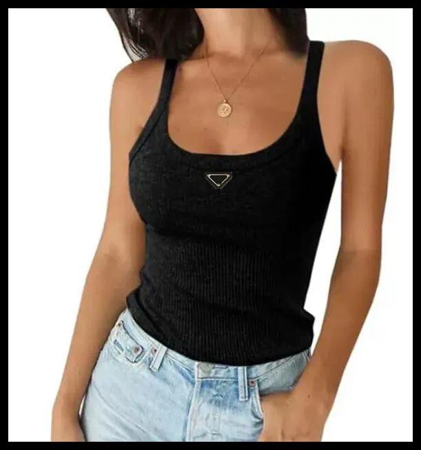 2025 Designer Women's T-Shirt Triangle Badge Luxury Brand Cotton Round Neck Tshirts Women Sleeveless Fashion Designer Summer Cropped Tops