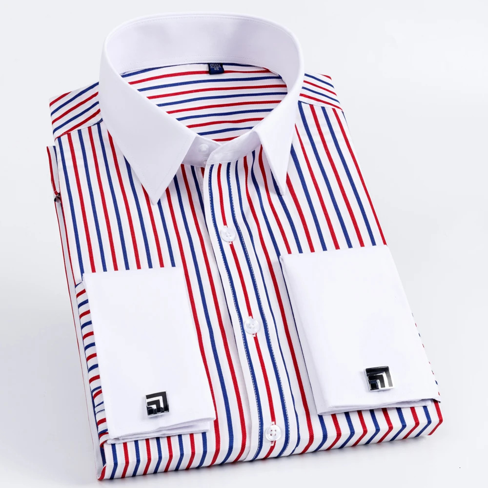 Mens Contrast Striped French Cuff Dress Shirt without Pocket Formal Business Long Sleeve Standard-fit Wedding Party Shirts 260616BJ