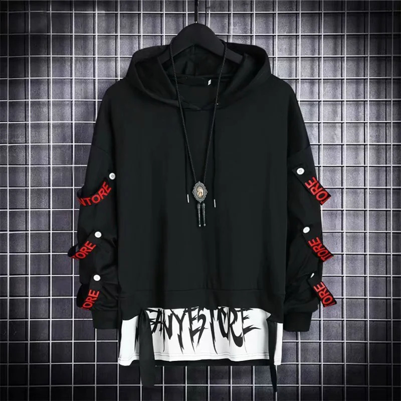 Autumn Mens Casual Hoodie Sweatshirt Techwear Hip Hop Harajuku Style with Ribbons Patchwork Japanese Streetwear Darkwear 260618banjia