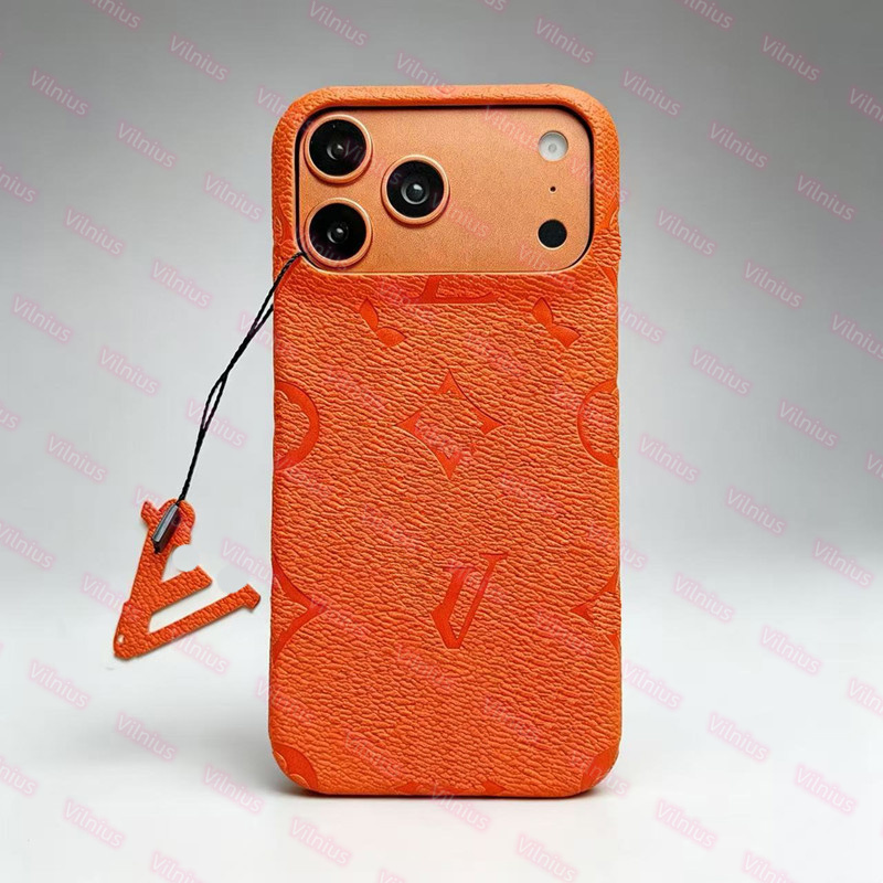Vintage V letter Embossed Geometric Pattern PU Leather Phone Case For iPhone 17 16 15 14 13 Pro Max Solid Orange Luxury Textured Shockproof Hard-image-1111272339