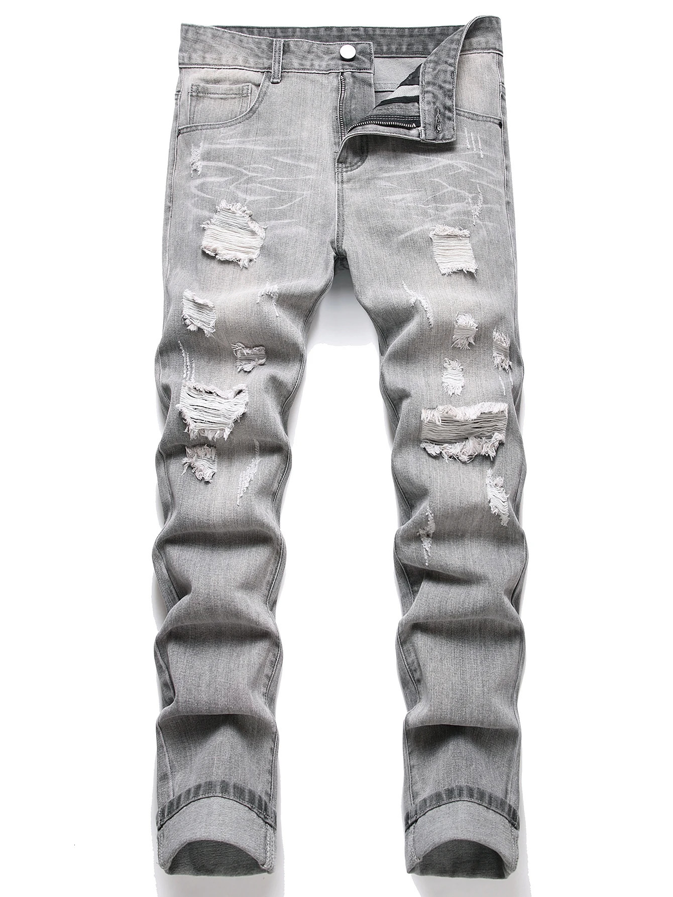 Mens Jeans Slim Fit Comfort Straight Leg Casual Mid Waist Denim Pants Grey Trousers Men Clothing 260617CJ