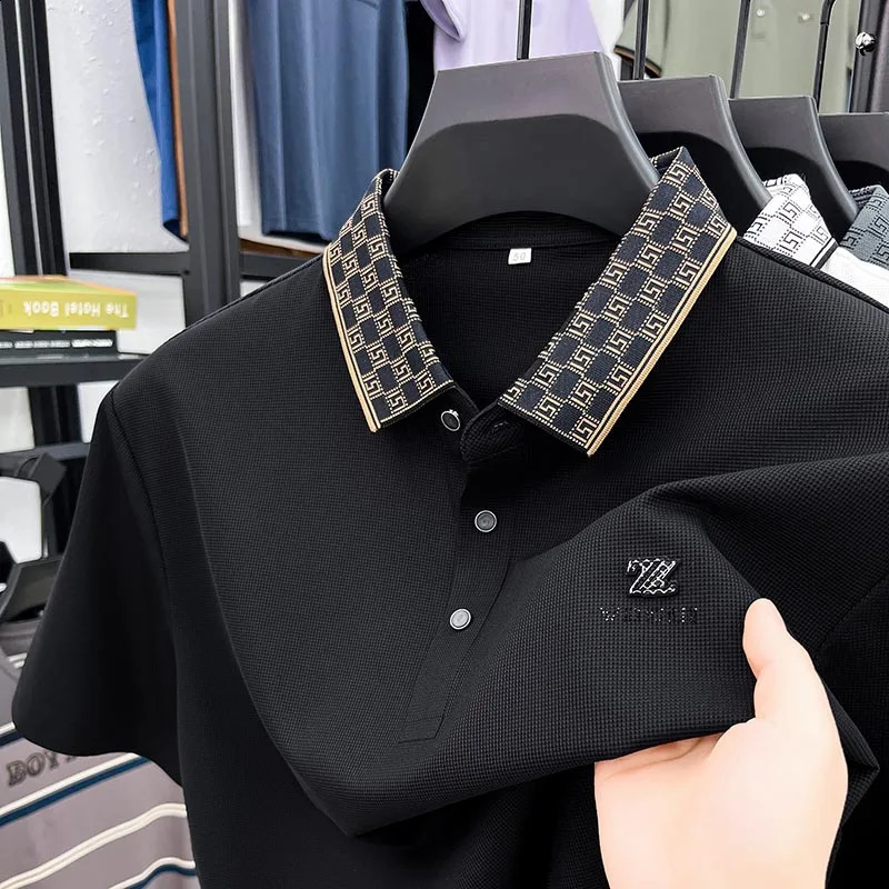 Light y embroidered short sleeve POLO shirt mens ner fashion plaid lapel summer ice silk breathable Tshirt 260609BANJIA