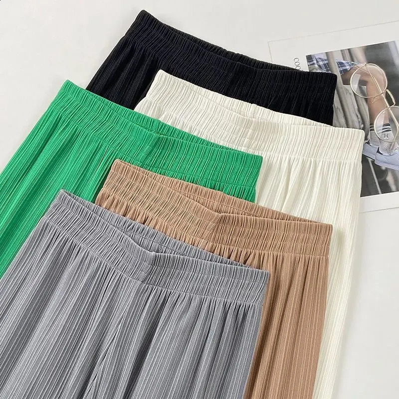 Womens Casual Ice Silk Wide Leg Pants High Waist Loose Thin Straight Trousers Summer Breathable Solid Color Streetwear 260613banjia