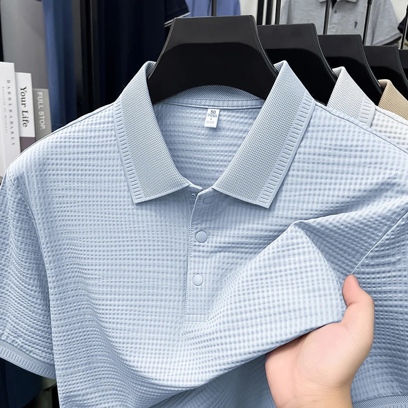 Fashion solid color checkered short sleeve polo shirt personalized n mens y highquality ice silk breathable Tshirt 260609BANJIA