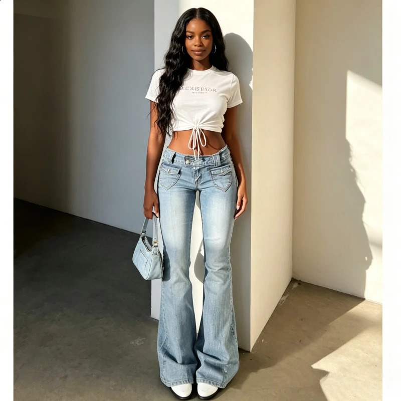 Jeans a zampa da donna Pantaloni in denim Pantaloni vintage lavati a due bottoni Pantaloni dritti a vita bassa Y2k Streetwear Lavoro Slim Fit Splice