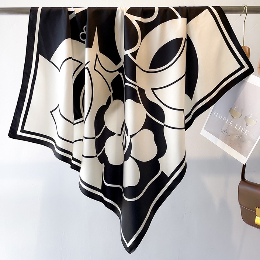 Designer Black White Letter Print Square Silk Satin Scarf Women Luxury Elegant Versatile Neck Head Wrap Fashion Shawl...