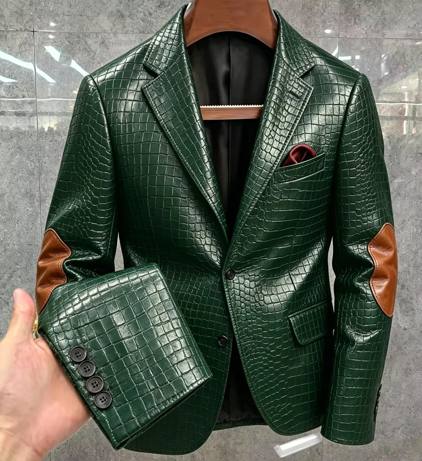 Mens Embossed Leather Brown Jacket Patchwork Lapel Collar Slim Fit y PU Blazer For Business Casual Party 260618 17