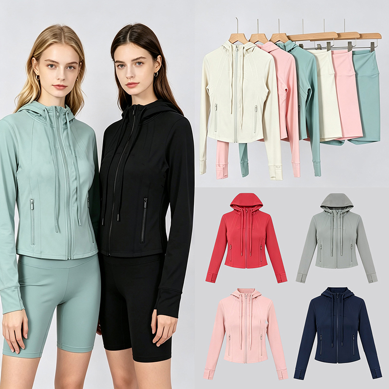 Yoga 2Pcs Gym Set Hooded Jacket Shorts Set Fitness Workout Clothes Women High Waist Leggings Flare Pants Zip Up Coat Elastic Sportswear Outfit Tr-image-1107448728