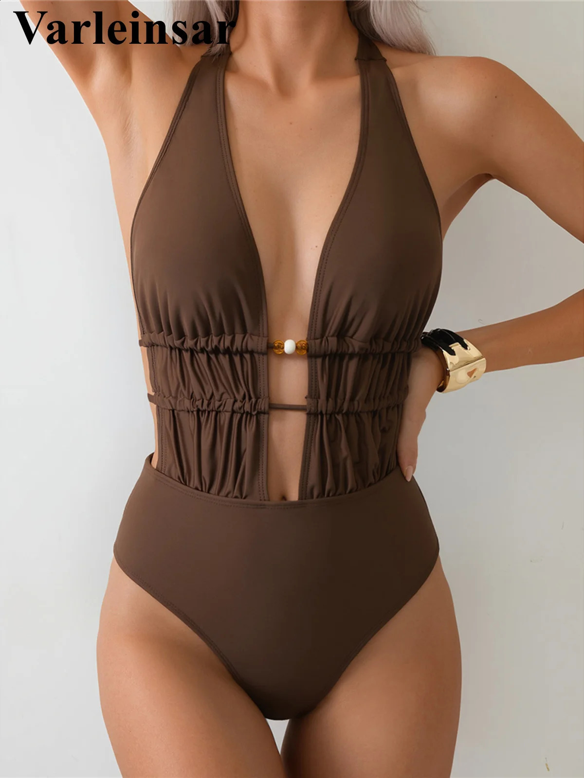 S XL Deep V Neck Halter Wrinkled Women Swimwear Swimsuit Female Backless High Leg Cut Bather Bathing Suit Swim V7831 260617