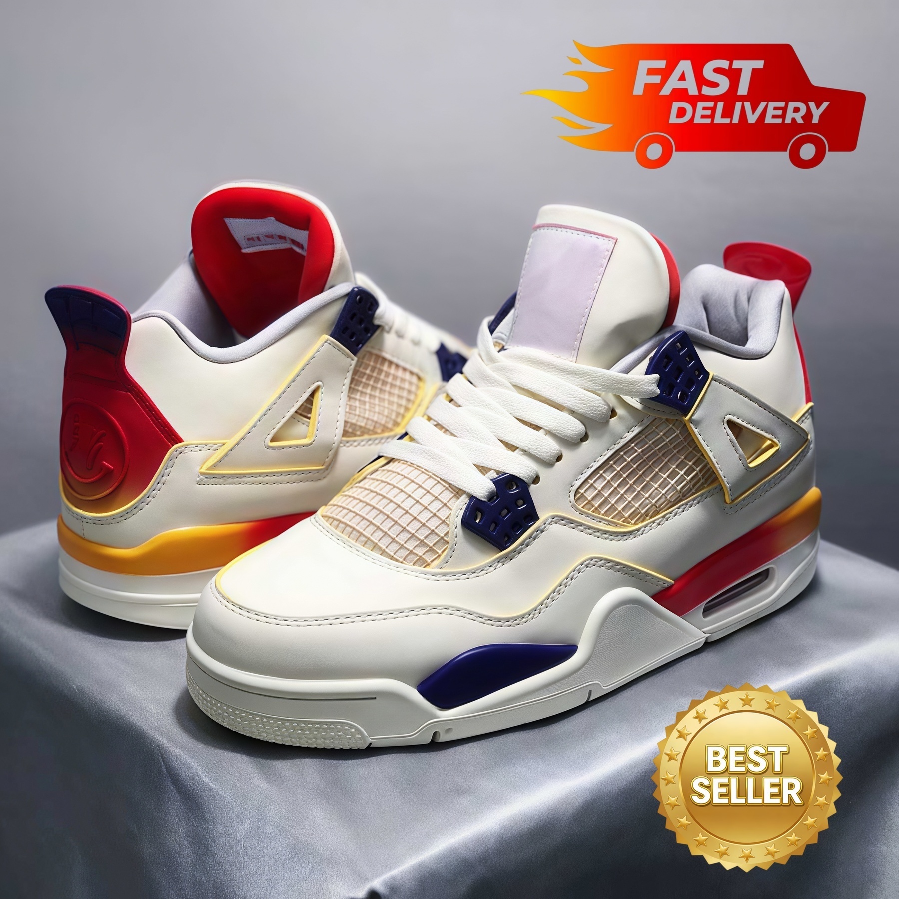 J Balvin 4s Basketball Shoes 4 V x JBalvin Gradient Rainbow Smile White Blue Red Mens Womens Lifestyle Sneakers-image-923067973